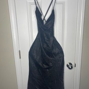 Cross cross back less satin maxi black dress.
